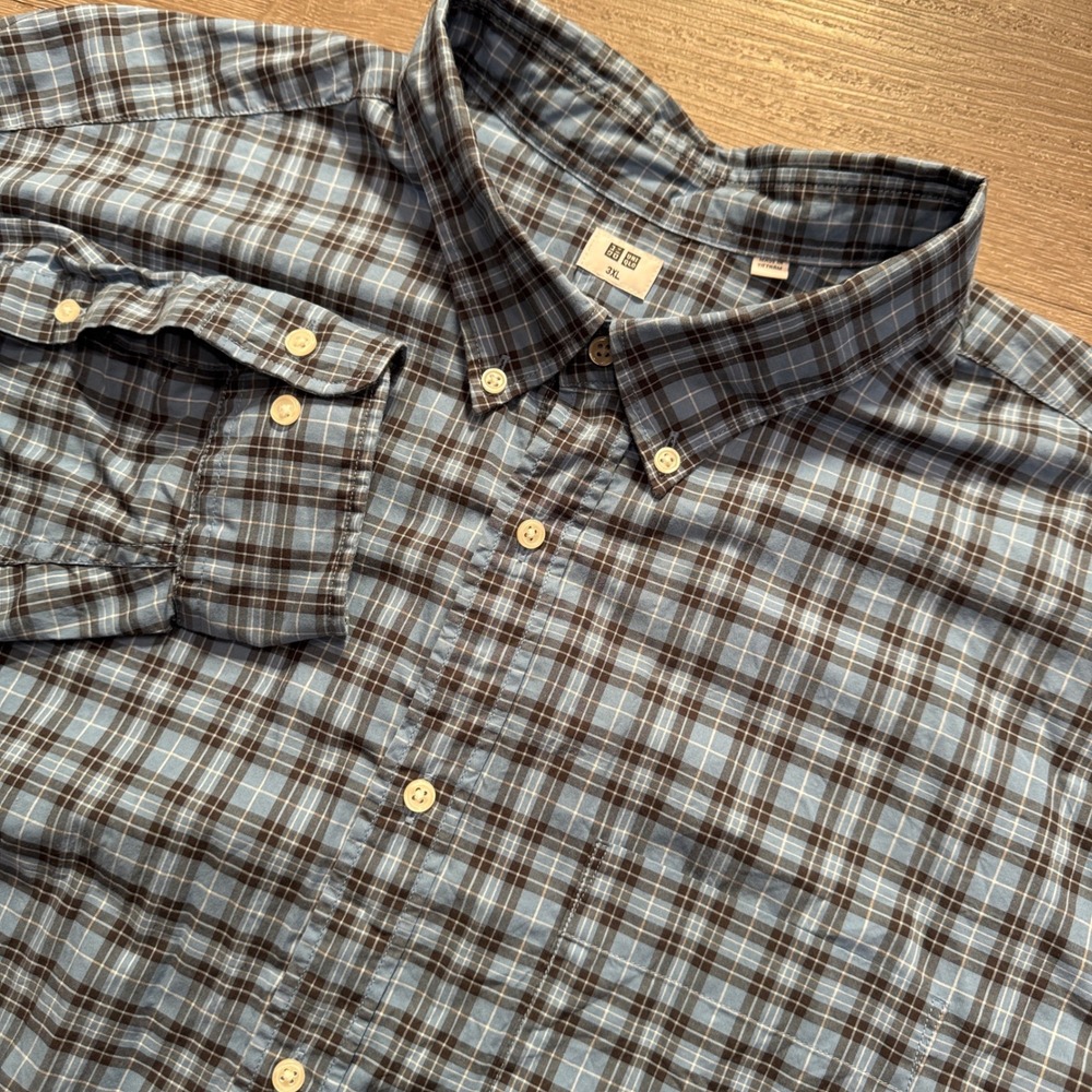 Uniqlo Shirt Mens 3XL Blue Plaid 100% Cotton Preppy Minimalist Button Down Adult